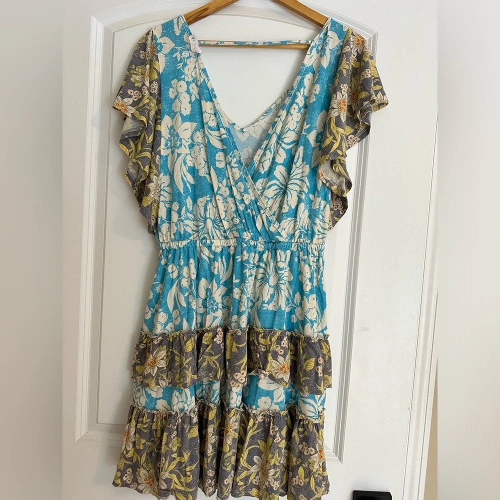 Anthropologie Turquoise Floral Daily Practice Tiered Ruffle Mini Dress Floral - Picture 9 of 9
